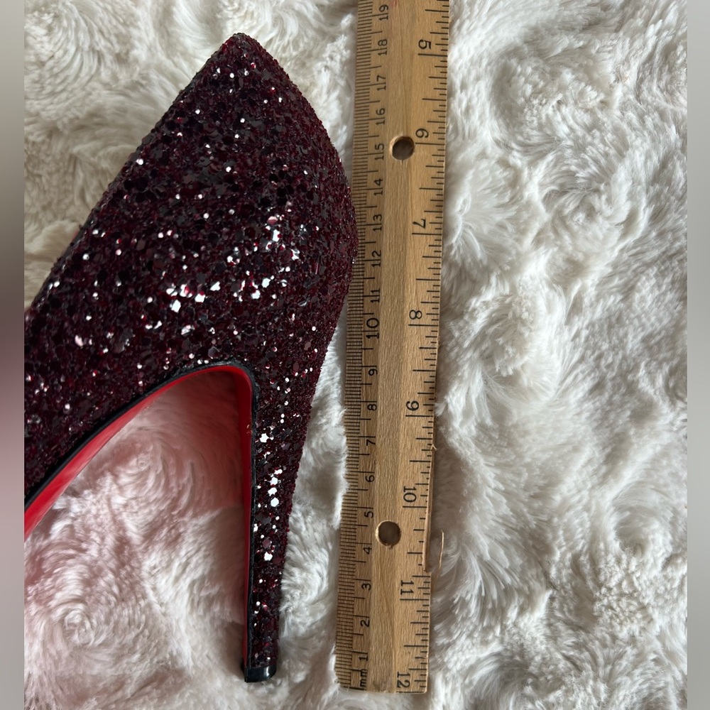 Christian Louboutin Very Prive 120 Burgundy Glitter Peep Toe Heels Size 38 US 8 - Picture 17 of 17